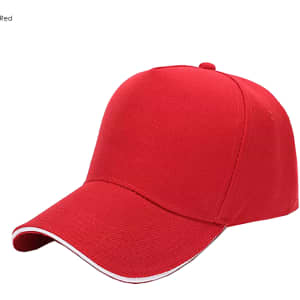 A red heavy cotton sandwich cap featuring a logo and a structured five-panel design.