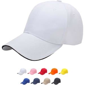 A white six-panel cotton cap with a black underside of the brim, alongside various coloured caps below.