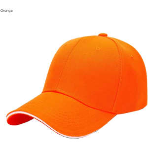 An orange six-panel kid's cap with a sandwich visor and a logo.