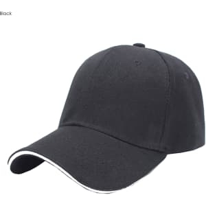A black six-panel cotton cap with a sandwich visor and a logo on the front.