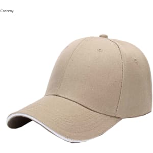 A creamy beige cap with a six-panel design and a curved brim, featuring a logo on the front.