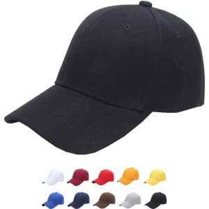 A black six-panel heavy cotton cap with a curved brim, featuring various colour options below.