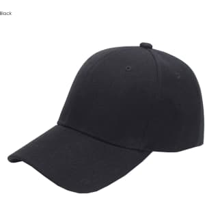 A black six-panel heavy cotton cap featuring a logo, designed for headwear.
