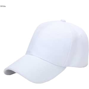A white six-panel heavy cotton cap featuring a curved brim and a logo on the front.