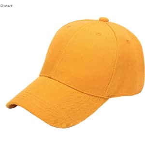 An orange six-panel heavy cotton cap with a curved visor and a button on top, featuring a logo.