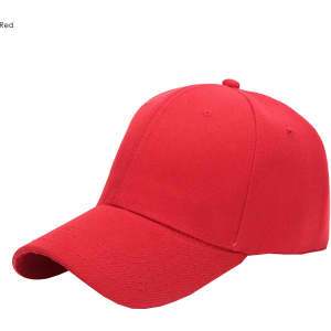 A red six-panel heavy cotton cap featuring a curved brim and a logo.