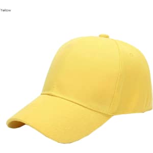 A yellow heavy cotton cap featuring a 6-panel design and a logo on the front.
