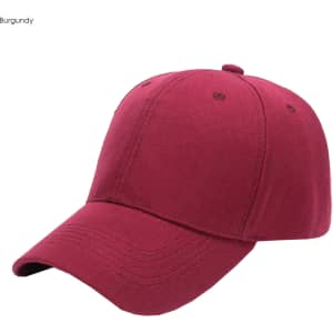 A burgundy six-panel heavy cotton cap featuring an adjustable strap and a logo.