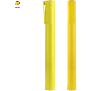 A bright yellow highlighter pen with a textured grip and a smooth body. The pen features a clip and has branding.