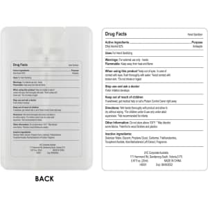 A clear 20ml hand sanitiser spray card with ingredients and usage instructions on the back.