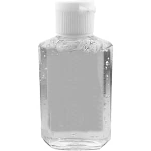 A clear 60ml hand sanitiser gel in an octagonal bottle with a white cap. The gel has bubbles inside.