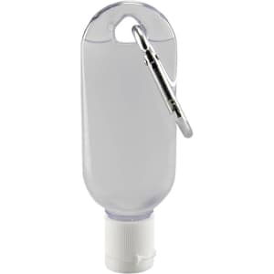 A clear 30ml gel hand sanitiser with a carabiner attached to the top for easy carrying.