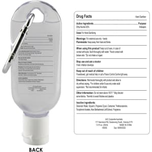 A clear 30ml gel hand sanitiser with a carabiner, featuring a white cap and a logo.