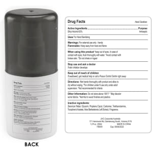 A 30ml hand sanitiser spray with a black lid and a white body, featuring a logo and detailed product information.