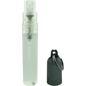 A clear 5ml hand sanitiser spray in a plastic bottle with a grey key ring attachment.