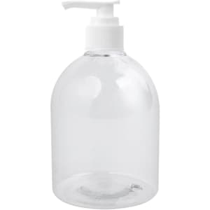 A clear plastic pump bottle containing 500ml of hand sanitiser gel with 75% alcohol.