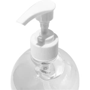 A clear bottle of hand sanitiser gel with a white pump lid, containing 75% alcohol. The bottle has a logo.