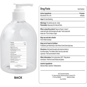 A clear 500ml hand sanitiser gel bottle with a pump dispenser, containing 75% alcohol and a logo.