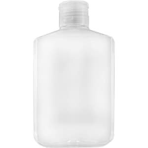 A clear plastic bottle with a screw-top lid, empty and rectangular in shape, suitable for hand sanitiser gel.