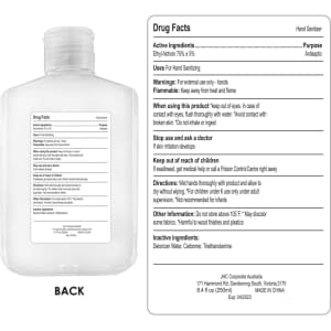 A clear 250ml hand sanitiser gel bottle with 75% alcohol content, featuring an attached label with details and a logo.