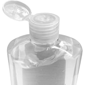A clear plastic bottle of hand sanitiser gel with a flip-top lid, containing 75% alcohol.