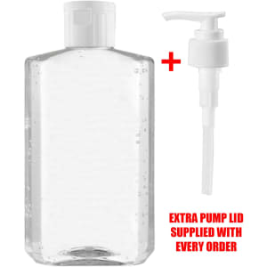 A clear 300ml hand sanitiser gel bottle with a pump lid and an additional pump lid supplied with every order.
