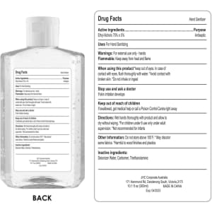 A clear bottle of hand sanitiser gel with a pump, containing 300ml of 75% alcohol. Features a logo.