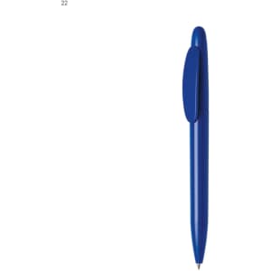 A blue plastic pen with a curved clip and a smooth barrel, featuring a logo.