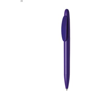 A purple plastic pen with a clip and a sleek design, featuring a logo on its surface.