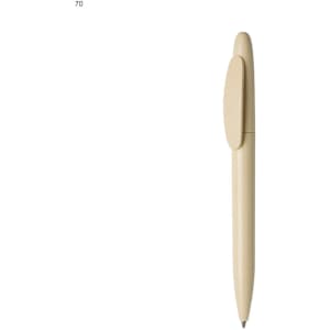 A beige plastic pen with a smooth design and a clip, featuring a logo on the body.