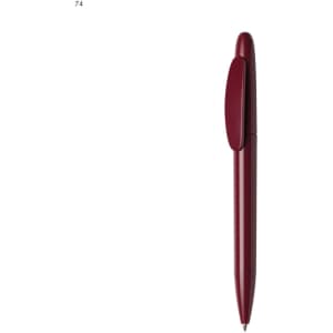 A plastic pen in a deep burgundy colour with a smooth, streamlined design and a clip for easy attachment.