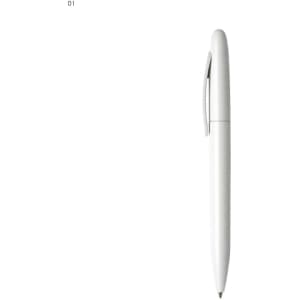 A white plastic pen with a sleek design and a clip, featuring a logo.