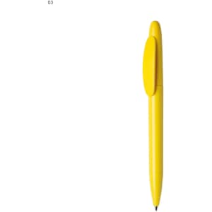 A yellow plastic pen with a clip, featuring a simple, streamlined design and branding.