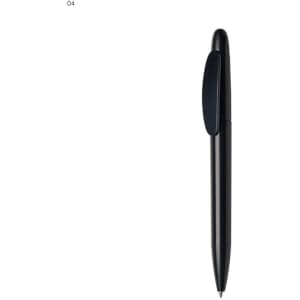 A black plastic pen with a smooth barrel and a clip, featuring a logo.