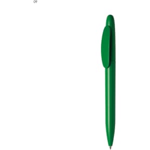 A green plastic pen with a click mechanism and a logo on its side.