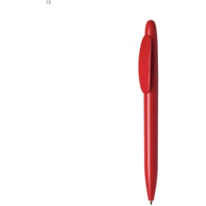 A red plastic pen with a streamlined design and a clip for easy attachment. It features a branding logo.
