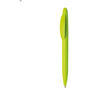 A bright green plastic pen with a clip and a smooth barrel. It features branding on the surface.