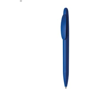 A plastic pen in a solid blue colour with a clip on the side and a sleek design. It features a logo.
