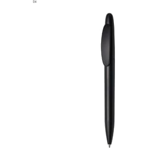 A black plastic pen featuring a clip and a sleek design, with a logo on the barrel.