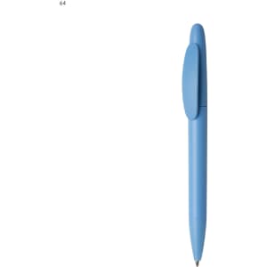 A plastic pen in a soft blue colour with a smooth finish and a clip on the side, featuring a logo.