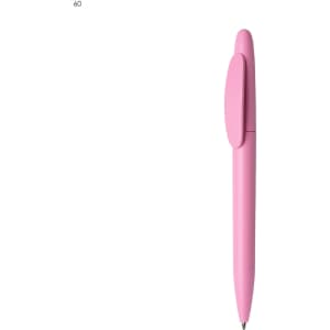 A pink plastic pen with a clip, featuring a sleek design and a logo on the barrel.