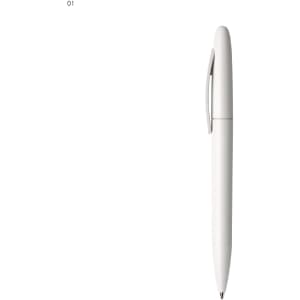 A white plastic pen with a sleek design and a clip, featuring a logo on the body.