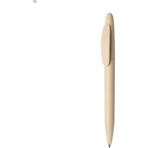 A plastic pen in a soft beige colour, featuring a smooth body and a click mechanism for the tip. It has a logo on the clip.