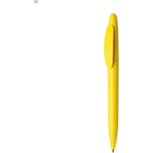 A plastic pen in vibrant yellow, featuring a click mechanism and logo on the side.