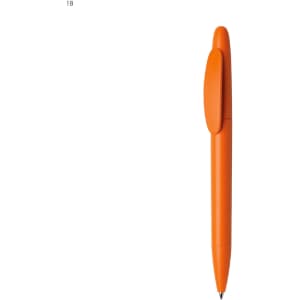 An orange plastic pen with a click mechanism and a logo on the body.