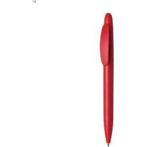 A red plastic pen featuring a clip on the top and a smooth barrel design. It has a logo on the side.