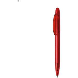 A red plastic pen featuring a transparent body and a clip attachment. It has a logo on the side.