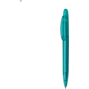 A turquoise plastic pen with a clear barrel and a retractable tip, featuring a clip and a branding logo.