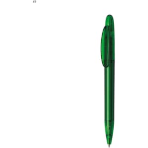 A green plastic pen with a transparent barrel and a pocket clip. The pen features a logo branded on its surface.