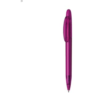 A plastic pen in vibrant purple with a clip and a rounded top, featuring a logo on the body.